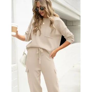 Caracilia Women's Two Piece Outfits Sweater Sets Long Sleeve Knit Tops Matching Cargo Jogger Pants 2024 Fall Lounge Sets Apricot Large