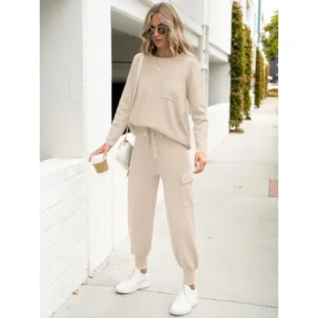 Caracilia Women's Two Piece Outfits Sweater Sets Long Sleeve Knit Tops Matching Cargo Jogger Pants 2024 Fall Lounge Sets Apricot Large