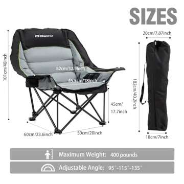 Dowinx Oversized Extra Large Camping Chair for Adults, Lawn Chairs, Folding, 3 Levels Adjustable Padded Camping Chair, Heavy-Duty 600D Oxford Cloth, with Cup Holder, 400 Pound Capacity