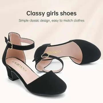 LAURMOSA Black Dress Shoes for Girls Chunky Block Heels for Little Big Kids Princess Flower Girl Shoes for Wedding Party Closed Round Toe Pumps with Ankle Strap(L1012 Black 1)