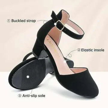 LAURMOSA Black Dress Shoes for Girls Chunky Block Heels for Little Big Kids Princess Flower Girl Shoes for Wedding Party Closed Round Toe Pumps with Ankle Strap(L1012 Black 1)