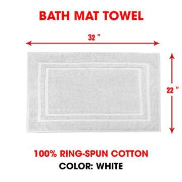 TALVANIA Bath Mat Floor Towel for Bathroom – 22” x 32” Banded Rug - 100% Ring Spun Cotton – Highly Absorbent Machine Washable – 2 Pack White Non Rubber Backing Mats – Shower Spa Hotel
