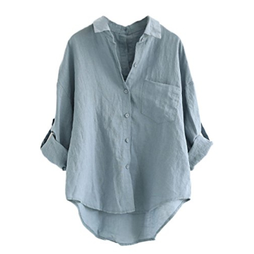Minibee Women's Linen Blouse High Low Shirt Roll-Up Sleeve Tops Blue XL