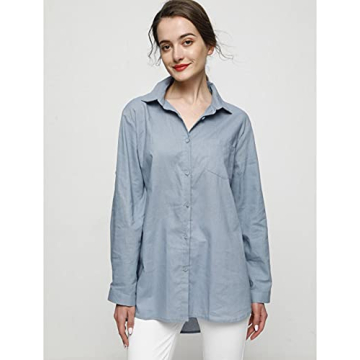 Minibee Women's Linen Blouse High Low Shirt Roll-Up Sleeve Tops Blue XL