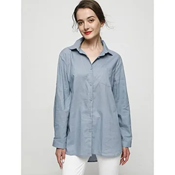 Minibee Women's Linen Blouse High Low Shirt Roll-Up Sleeve Tops Blue XL