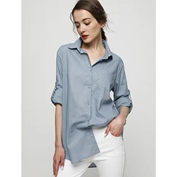 Minibee Women's Linen Blouse High Low Shirt Roll-Up Sleeve Tops Blue XL
