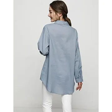 Minibee Women's Linen Blouse High Low Shirt Roll-Up Sleeve Tops Blue XL