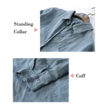 Minibee Women's Linen Blouse High Low Shirt Roll-Up Sleeve Tops Blue XL