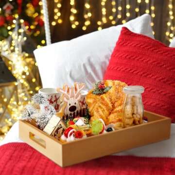 Christmas Wooden Serving Tray with Handles for Food Display