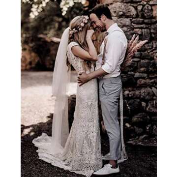 LIPOSA Women's Bohemian Ivory Lace Wedding Dress V Neck Backless Cap Sleeves Sheath Boho Country Gar...