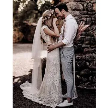 LIPOSA Women's Bohemian Ivory Lace Wedding Dress V Neck Backless Cap Sleeves Sheath Boho Country Gar...