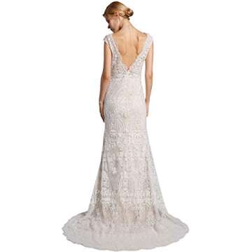 LIPOSA Women's Bohemian Ivory Lace Wedding Dress V Neck Backless Cap Sleeves Sheath Boho Country Garden Bridal Gowns for Brides (Champagne Lining)