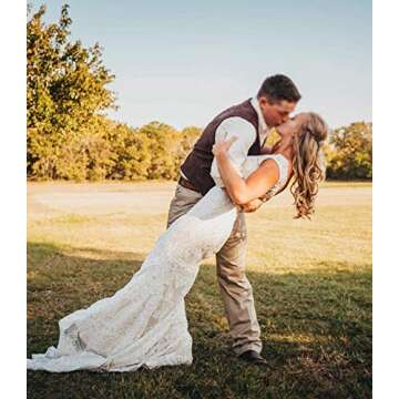 LIPOSA Women's Bohemian Ivory Lace Wedding Dress V Neck Backless Cap Sleeves Sheath Boho Country Garden Bridal Gowns for Brides (Champagne Lining)