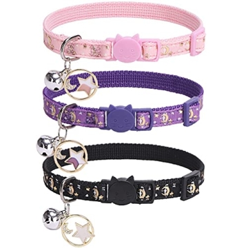 PUPTECK 3 Pack Cat Collar with Bells Breakaway - Luminous Safety Small Kitten Collar Adjustable Moon...