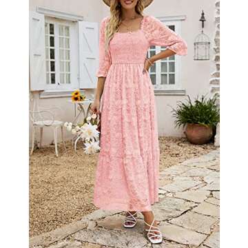 MEROKEETY Women's Floral Lace Sheer Short Seeve Long Party Dress Boho Maternity Dress for Photoshoot Pink L