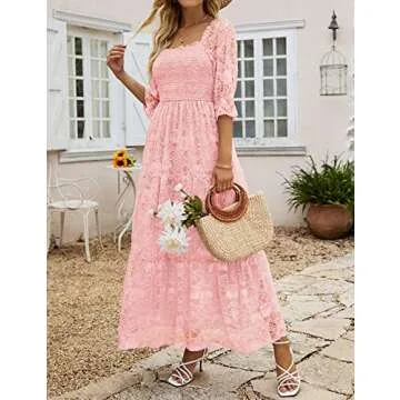MEROKEETY Women's Floral Lace Sheer Short Seeve Long Party Dress Boho Maternity Dress for Photoshoot Pink L