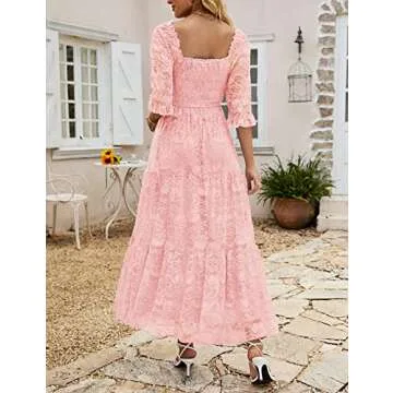 MEROKEETY Women's Floral Lace Sheer Short Seeve Long Party Dress Boho Maternity Dress for Photoshoot Pink L