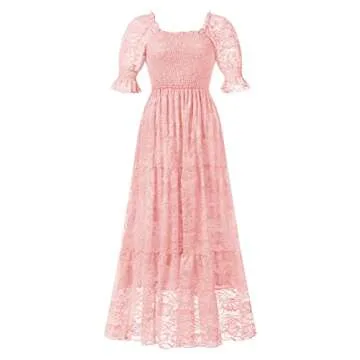 MEROKEETY Women's Floral Lace Sheer Short Seeve Long Party Dress Boho Maternity Dress for Photoshoot Pink L
