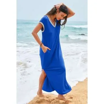 MEROKEETY Women's 2024 Summer Short Sleeve Maxi Dress V Neck Split Loose Casual Beach Long Dresses, RoyalBlue, Medium