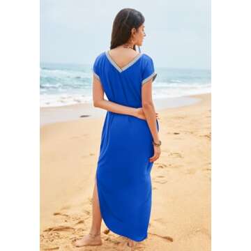 MEROKEETY Women's 2024 Summer Short Sleeve Maxi Dress V Neck Split Loose Casual Beach Long Dresses, RoyalBlue, Medium