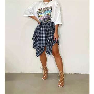 Plaid Pleated Skirt Mini Cute - Loose High Waisted Knotted Asymmetrical Hem A-line Checkered Skirts Navy L