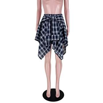 Plaid Pleated Skirt Mini Cute - Loose High Waisted Knotted Asymmetrical Hem A-line Checkered Skirts Navy L
