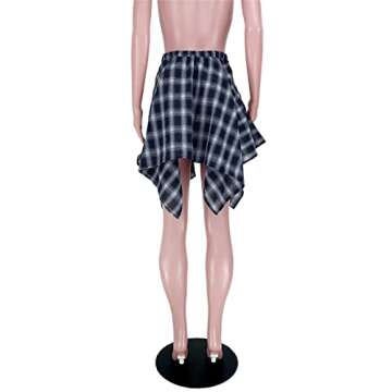 Plaid Pleated Skirt Mini Cute - Loose High Waisted Knotted Asymmetrical Hem A-line Checkered Skirts Navy L