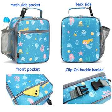 FlowFly Kids Lunch box Insulated Soft Bag Mini Cooler Back to School Thermal Meal Tote Kit for Girls, Boys, Mermaid