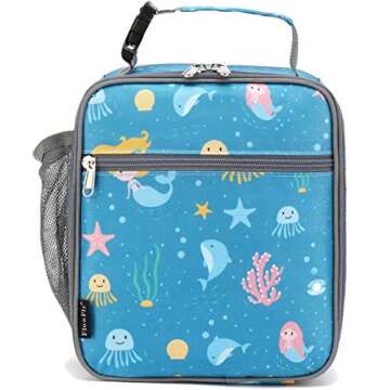 FlowFly Kids Lunch box Insulated Soft Bag Mini Cooler Back to School Thermal Meal Tote Kit for Girls, Boys, Mermaid