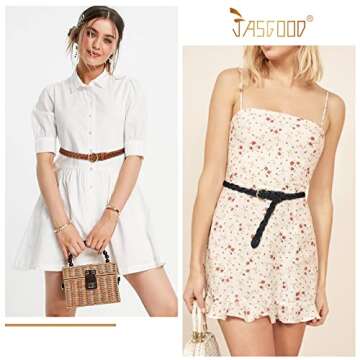 JASGOOD Women’s Braided Woven Leather Belts Skinny Waist Belts with O-Ring Buckle, C-Black+Brown, ...