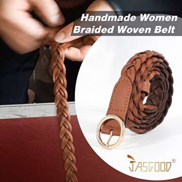 JASGOOD Women’s Braided Woven Leather Belts Skinny Waist Belts with O-Ring Buckle, C-Black+Brown, Suit for Waist 24”-40”