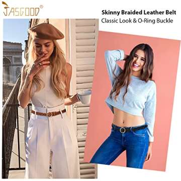 JASGOOD Women’s Braided Woven Leather Belts Skinny Waist Belts with O-Ring Buckle, C-Black+Brown, Suit for Waist 24”-40”