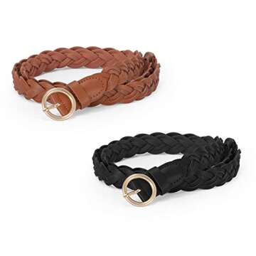 JASGOOD Women’s Braided Woven Leather Belts Skinny Waist Belts with O-Ring Buckle, C-Black+Brown, Suit for Waist 24”-40”