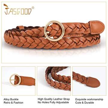 JASGOOD Women’s Braided Woven Leather Belts Skinny Waist Belts with O-Ring Buckle, C-Black+Brown, Suit for Waist 24”-40”