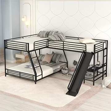 Bellemave L Shaped Bunk Bed for 3 with Desk & Slide for Kids