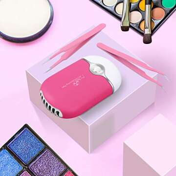 Eyelash Fan Dyer with 2 Pcs Lash Tweezers,USB Mini Portable Fan Rechargeable Air Conditioning Blower with Straight and Curved Tip Tweezers for Eyelash Extension Girls Women(Rose Red)