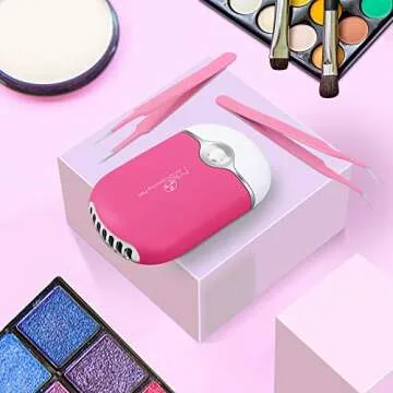 Eyelash Fan Dyer with 2 Pcs Lash Tweezers,USB Mini Portable Fan Rechargeable Air Conditioning Blower with Straight and Curved Tip Tweezers for Eyelash Extension Girls Women(Rose Red)