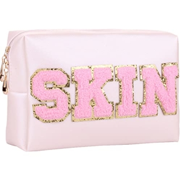 Waterproof PU Leather Makeup Bag with Glitter Letters Travel Essential