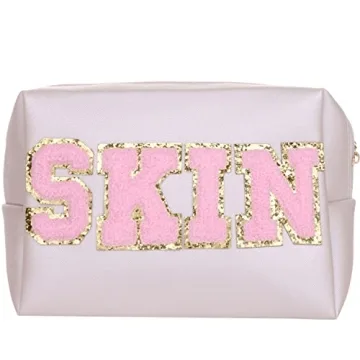 Waterproof PU Leather Makeup Bag with Glitter Letters Travel Essential