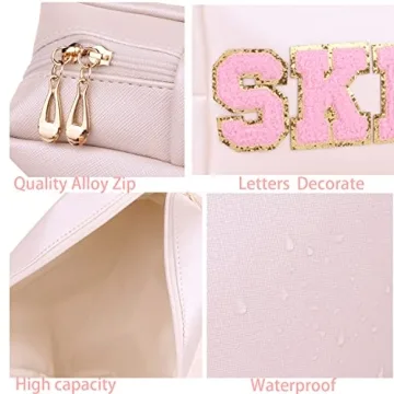 Waterproof PU Leather Makeup Bag with Glitter Letters Travel Essential
