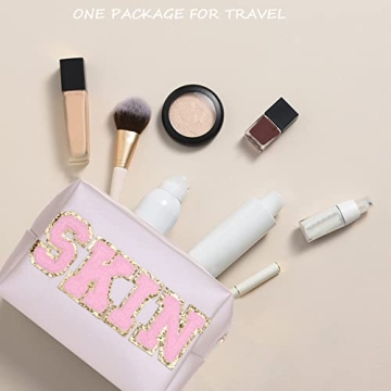 Waterproof PU Leather Makeup Bag with Glitter Letters Travel Essential