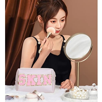 Waterproof PU Leather Makeup Bag with Glitter Letters Travel Essential