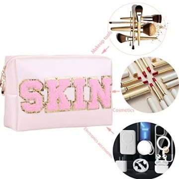 Waterproof PU Leather Makeup Bag with Glitter Letters Travel Essential