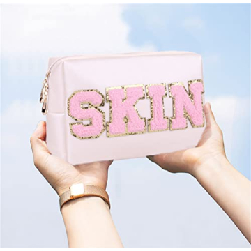 Waterproof PU Leather Makeup Bag with Glitter Letters Travel Essential