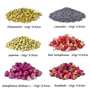 HAIOPS Dried Flowers Soap Making Scents Kits Food-Grade Rosebuds, Lavender, Jasmine, Chamomile, Gomphrena Globosa Linn, Red Globe Amaranth, 6 Bags