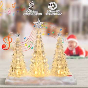 Tabletop Christmas Tree with Light and Music - Battery Operated Crystal Clear Acrylic Christmas Tree Light with 8 Christmas Songs for Tabletop Home Office Holiday Decorations Gift, Warm White