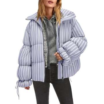 Panadila Womens Striped Puffer Jacket Warm Winter Cozy Coats 2024 Casual Baggy Full Zip Puffer Coat ...