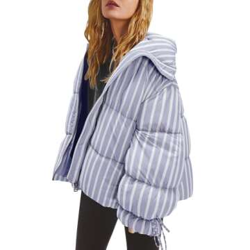 Panadila Womens Striped Puffer Jacket Warm Winter Cozy Coats 2024 Casual Baggy Full Zip Puffer Coat with Pockets (Light Blue Combo,S)