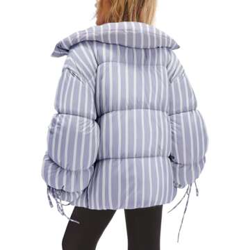 Panadila Womens Striped Puffer Jacket Warm Winter Cozy Coats 2024 Casual Baggy Full Zip Puffer Coat with Pockets (Light Blue Combo,S)