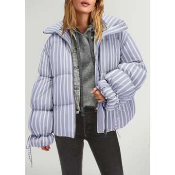 Panadila Womens Striped Puffer Jacket Warm Winter Cozy Coats 2024 Casual Baggy Full Zip Puffer Coat with Pockets (Light Blue Combo,S)